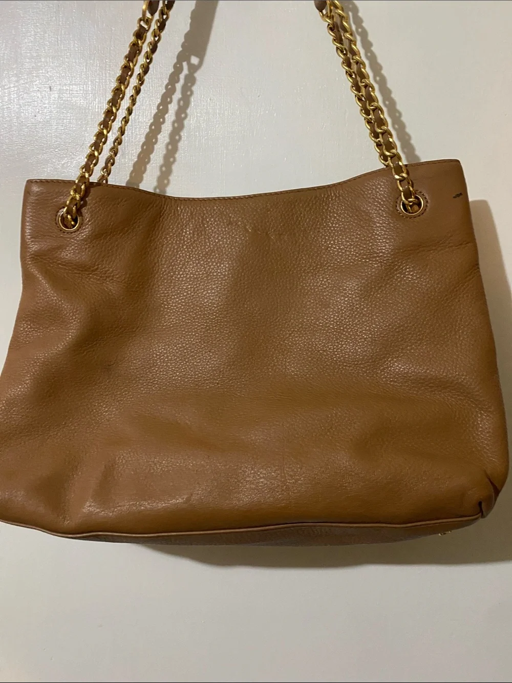 Tory Burch Camel Brown Leather Shoulder Tote with Gold Chain